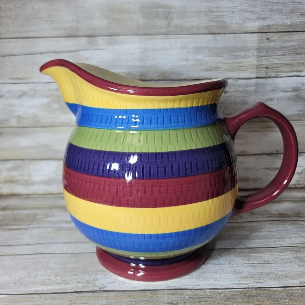 Longaberger Pottery Cabana Stripes Large Pitcher‎ Country Canister 2 Quart